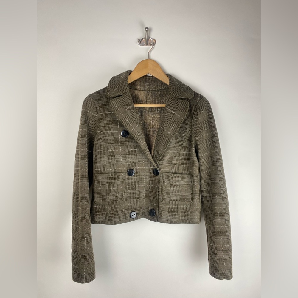 Worth New York Gold Doubleface Laminated Plaid Reversible Cropped Jacket Blazer